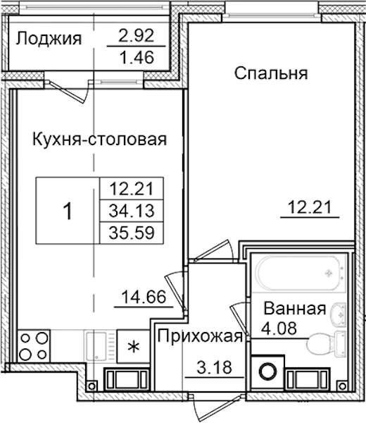 1-комнатная квартира 35.59 м², 2/9 эт., ЖК «Квартал Заречье»